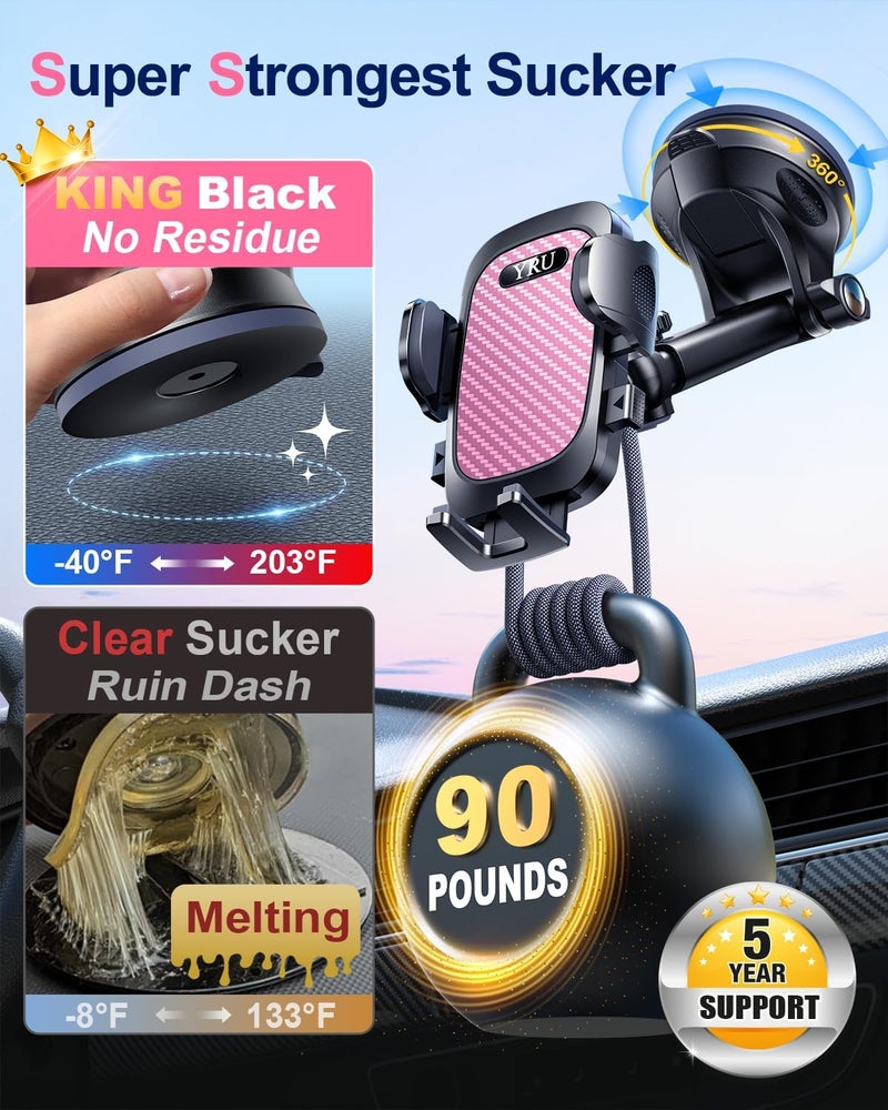 YRU True Military-Grade [360° Rotation Suction] 2025 Ultimate Car Phone Holder Mount 【90+LBS Safest Strongest & Patent Certs】 Dashboard Windshield Vent for iPhone 17 16 Pro Max Samsung, Pale Pink - Image 2